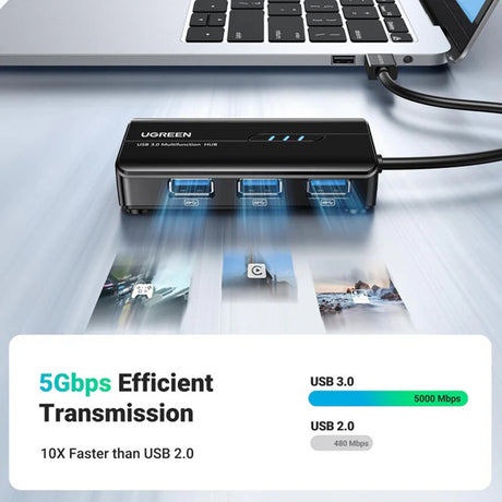 Hub/Dock Ugreen Ethernet Adapter (20265), USB to 3x USB, RJ45 LAN Port, Plug & Play, 1000Mbps, 5Gbps, 20cm, Negru