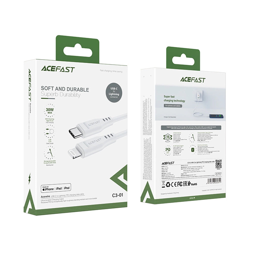 Cablu Acefast (C3-01), Type-C to Lightning, 30W, 3A, Fast Charging, 1.2m, Alb