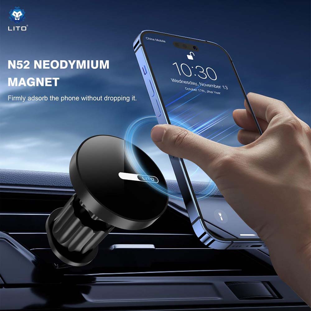 Suport Lito (LT-W05), for Air Vent, with N52 Neodymium Magnet, 360° Rotation, 32mm Wide Tail Clip Hook, Negru