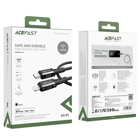 Cablu Acefast (C4-01), Fast Charging, Type-C to Lightning, 30W, 3A, Aluminum Alloy, 1.8m, Negru