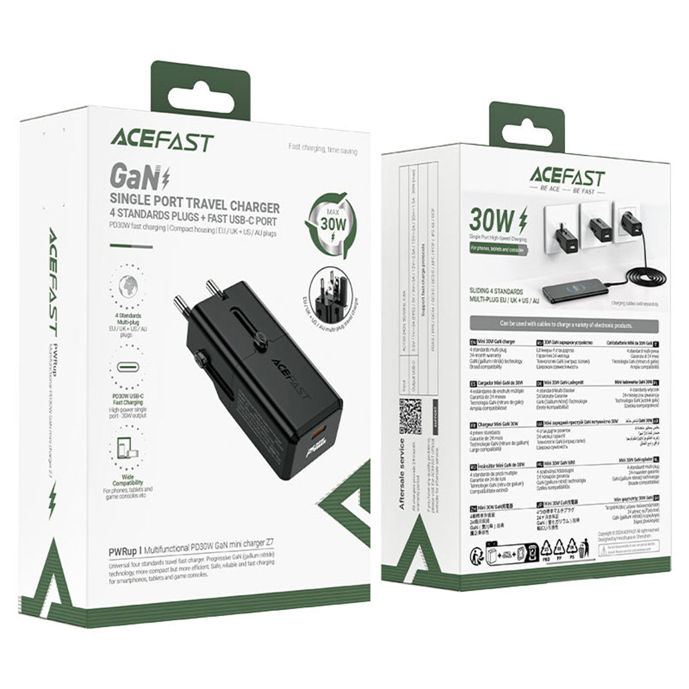 Incarcator Acefast Travel Adapter (Z7), GaN, Type-C, EU, UK, AU, US, PD30W, Multifunctional Fast Charger, Mini Design, Negru