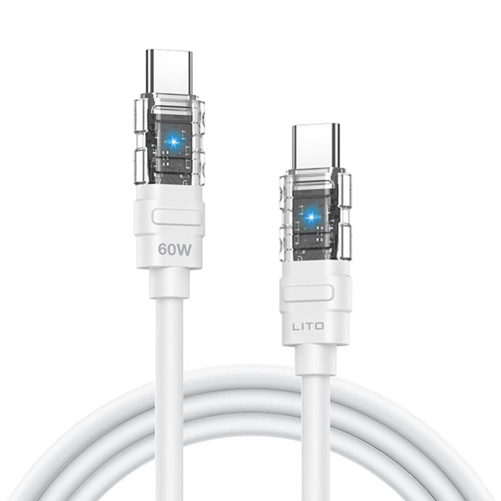 Cablu Lito Mechanical (LD05), Type-C to Type-C, Fast Charging 60W, Transparent Head, LED, Alb