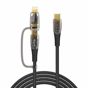 Cablu Lito Transparent 2in1 (LD12), Type-C to Type-C, Lightning, Fast Charge, Braided, Anti-oxidant, Negru