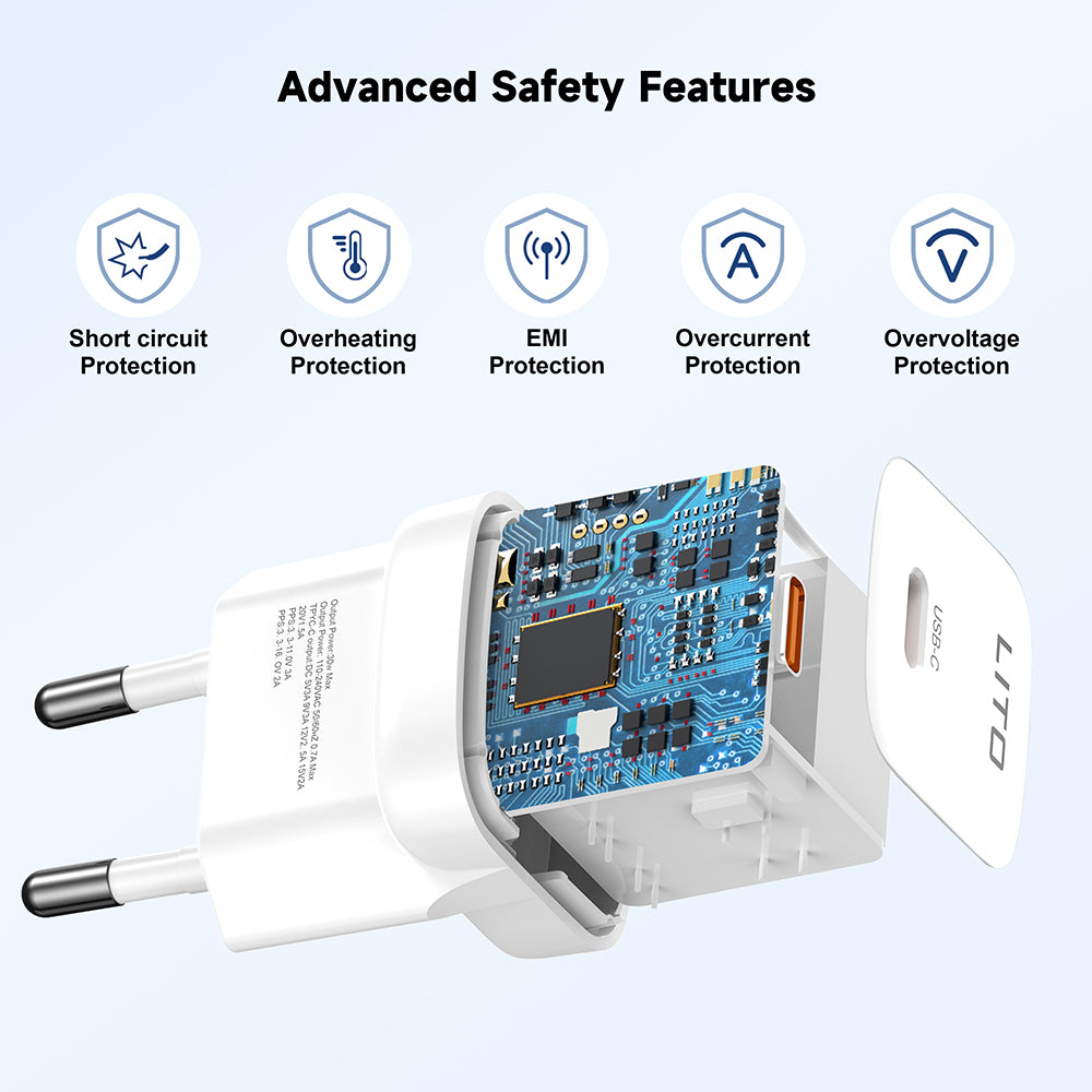 Incarcator Lito (LC11), Type-C Output, PD30W, GaN, Real Time Protection, EU Plug, Alb