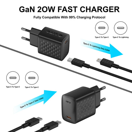 Incarcator Lito (LC13T), with Type-C Cable Included, Type-C, PD20W, GaN, PC Fireproof, EU Plug, Negru