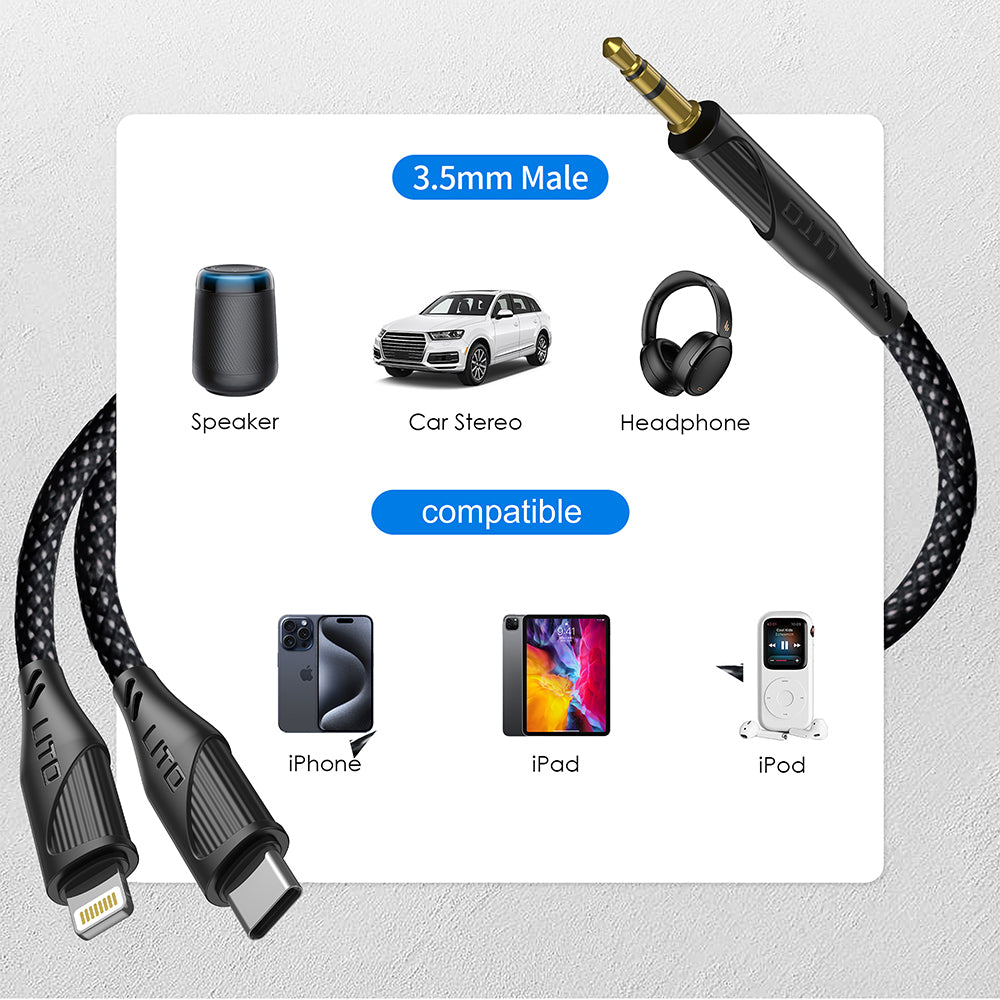 Adaptor Lito Audio Cable Adapter (LA02), Lightning to Jack 3.5mm, Zero Signal Loss, Nylon-braided, 1m, Negru