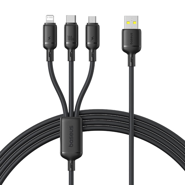 Cablu Baseus Silky (P10377705123-00), Fast Charge, USB to USB-C, Lightning, Micro-USB, 100W, 480Mbps, 1.5m, Negru