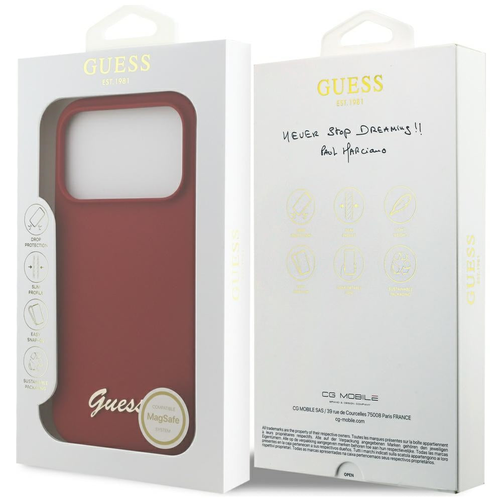 Husa de protectie Guess Silicone Script Metal Logo MagSafe (GUHMP17LSMBSLM) compatibil cu iPhone 17 Pro, Rosu