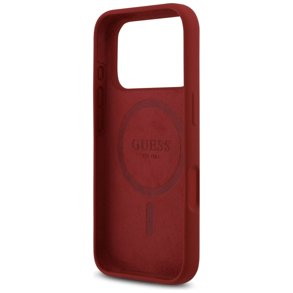 Husa de protectie Guess Silicone Script Metal Logo MagSafe (GUHMP17LSMBSLM) compatibil cu iPhone 17 Pro, Rosu