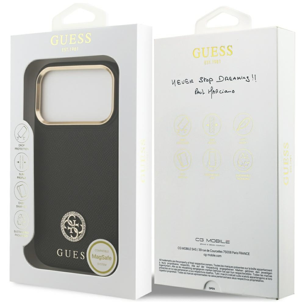 Husa de protectie Guess Grained Strass Logo MagSafe (GUHMP17LPGCRMDEK) compatibil cu iPhone 17 Pro, Negru