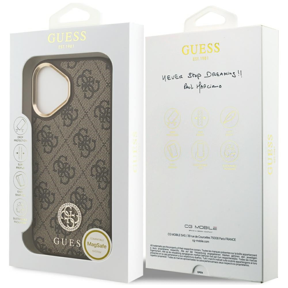 Husa de protectie Guess Hardcase 4G Strass Logo MagSafe (GUHMP17SP4GRMDEW) compatibil cu iPhone 17, Maro