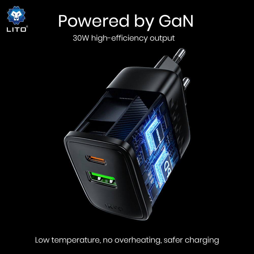 Incarcator Lito (LC19), Type-C, USB Output, PD30W, GaN, PC Fireproof, EU Plug, Negru