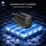 Incarcator Lito (LC19), Type-C, USB Output, PD30W, GaN, PC Fireproof, EU Plug, Negru