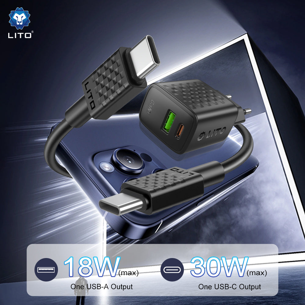 Incarcator Lito (LC19T), with Type-C Cable Included, Type-C, USB Output, PD30W, GaN, PC Fireproof, EU Plug, Negru