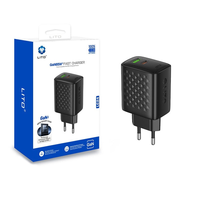 Incarcator Lito (LC24), Type-C, USB Output, PD65W, GaN, PC Fireproof, EU Plug, Negru