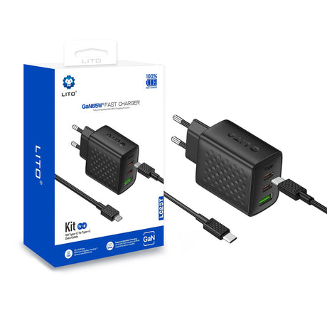 Incarcator Lito (LC25T), with Type-C Cable Included, 2x Type-C, USB Output, PD65W, GaN, PC Fireproof, EU Plug, Negru