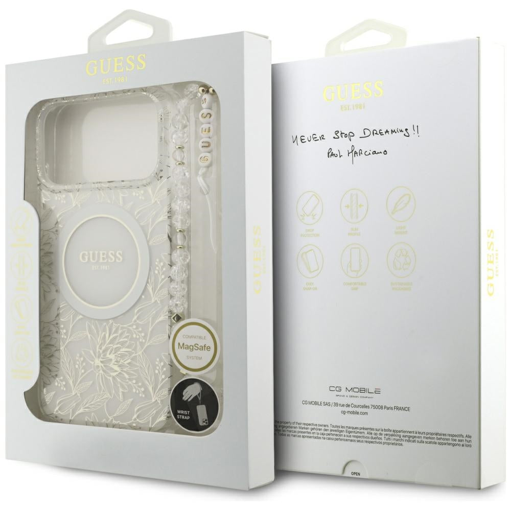 Husa pentru iPhone 17 Pro Max - Guess IML Flowers Allover Electroplated with Pearl Strap MagSafe (GUHMP17XHCPOFPH) - White