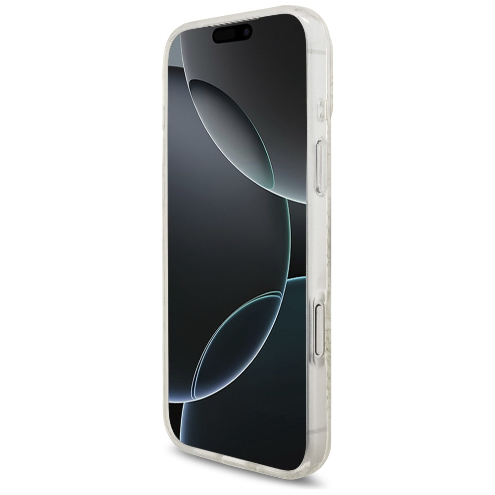 Husa pentru iPhone 17 Pro Max - Guess IML Flowers Allover Electroplated with Pearl Strap MagSafe (GUHMP17XHCPOFPH) - White