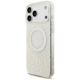 Husa pentru iPhone 17 Pro Max - Guess IML Flowers Allover Electroplated with Pearl Strap MagSafe (GUHMP17XHCPOFPH) - White