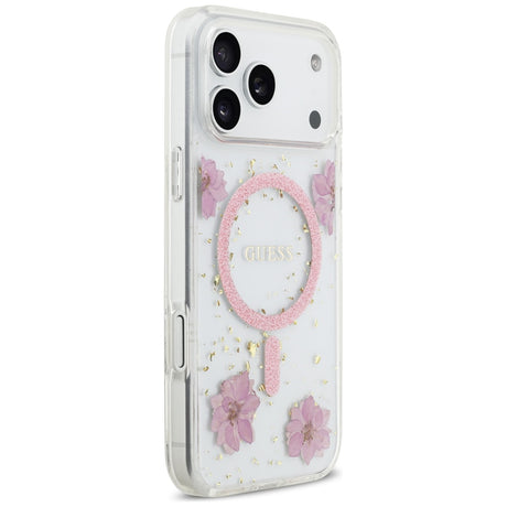 Husa de protectie Guess Resin Flowers and Glitter compatibil cu iPhone 17 Pro, Roz