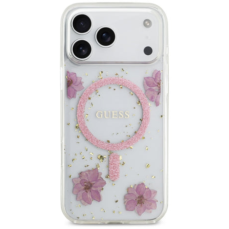 Husa de protectie Guess Resin Flowers and Glitter compatibil cu iPhone 17 Pro, Roz