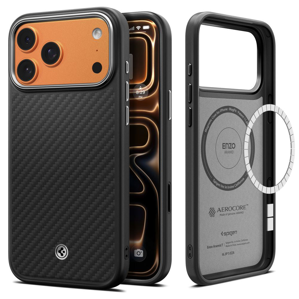 Husa de protectie Spigen Enzo Aramid "T" MagSafe (ACS09958) compatibil cu iPhone 17 Pro, Negru / Silver