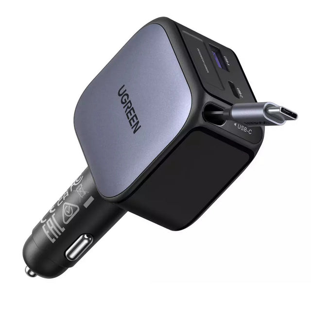 Incarcator Ugreen Car EC603 (55909B), with Retractable USB-C Cable, Dual-Port, 90W, Quick Charge, 70cm, Negru