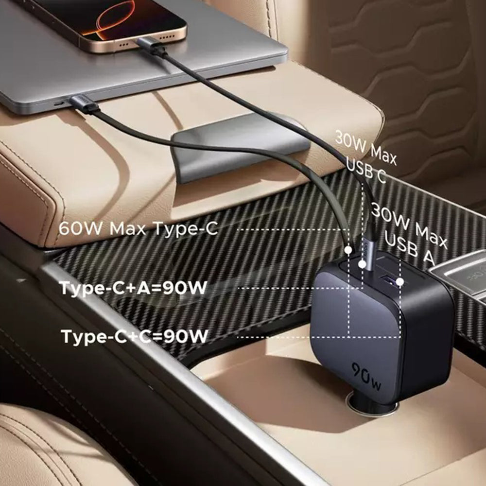 Incarcator Ugreen Car EC603 (55909B), with Retractable USB-C Cable, Dual-Port, 90W, Quick Charge, 70cm, Negru
