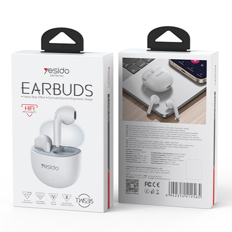Casti Bluetooth, Wireless, Half-in-ear, 250mAh, Stereo - Yesido (TWS35) - White
