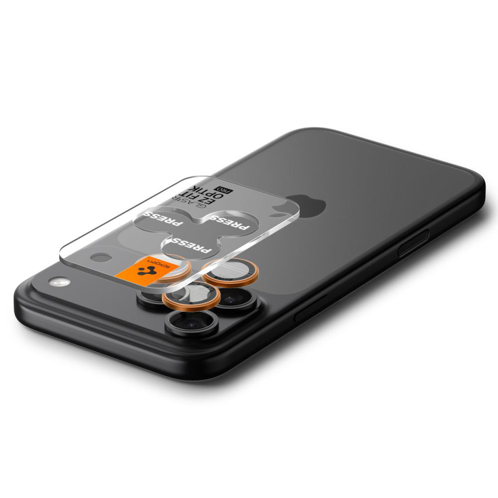 Folie Camera pentru iPhone 17 Pro Max/17 Pro/16 Pro Max/16 Pro/15 Pro Max/15 Pro/14 Pro Max/14 Pro (set 2) - Spigen Glas.tR Optik EZ Fit Pro (AGL10123) - Orange