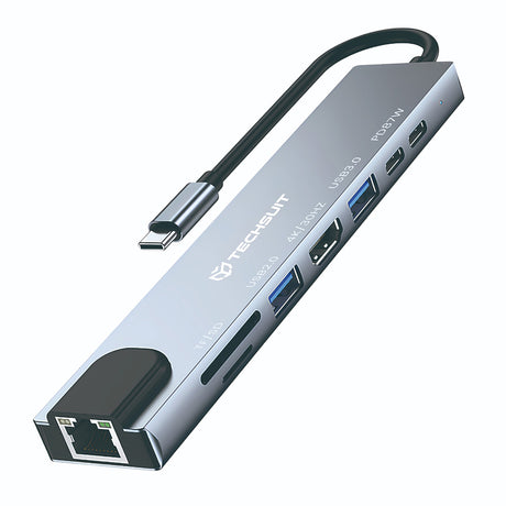 Hub/Dock Techsuit Docking Station NetBridge 8 in 1 (H2), Type-C to 2x Type-C, 2x USB, HDMI, RJ45, TF/SD, 4K@30Hz, PD87W, Gri