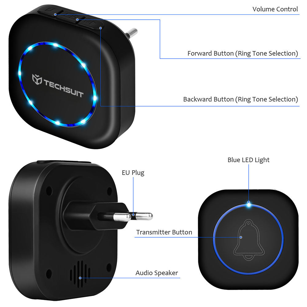 Gadget Techsuit Premium Wireless Doorbell Buzzzly (SU1), Waterproof, 38 Unique Tune, 4 Volume Levels, 5 Modes Music/Flash, Negru