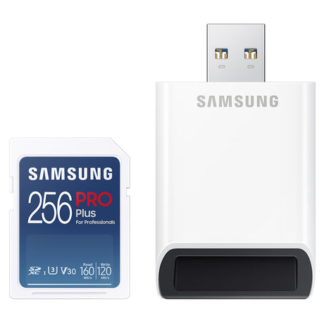 Stocare Samsung Memory Card PRO Plus + Reader Full Size (MB-SD256KB/WW), SDXC, 256GB, UHS-I, U3, V30, A2, 160MB/s, Albastru /White