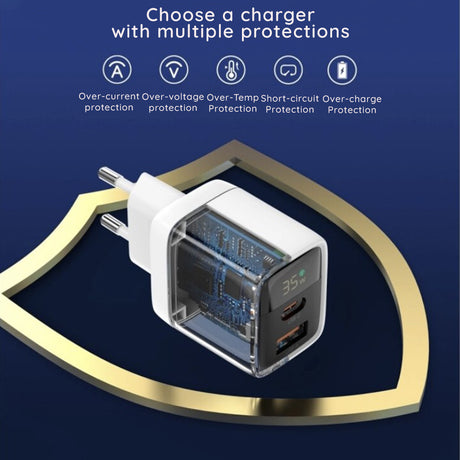 Incarcator Techsuit LEDChargX (CH3), Type-C, USB, GaN Technology, Fast Charge, LED Display, PD35W, Alb