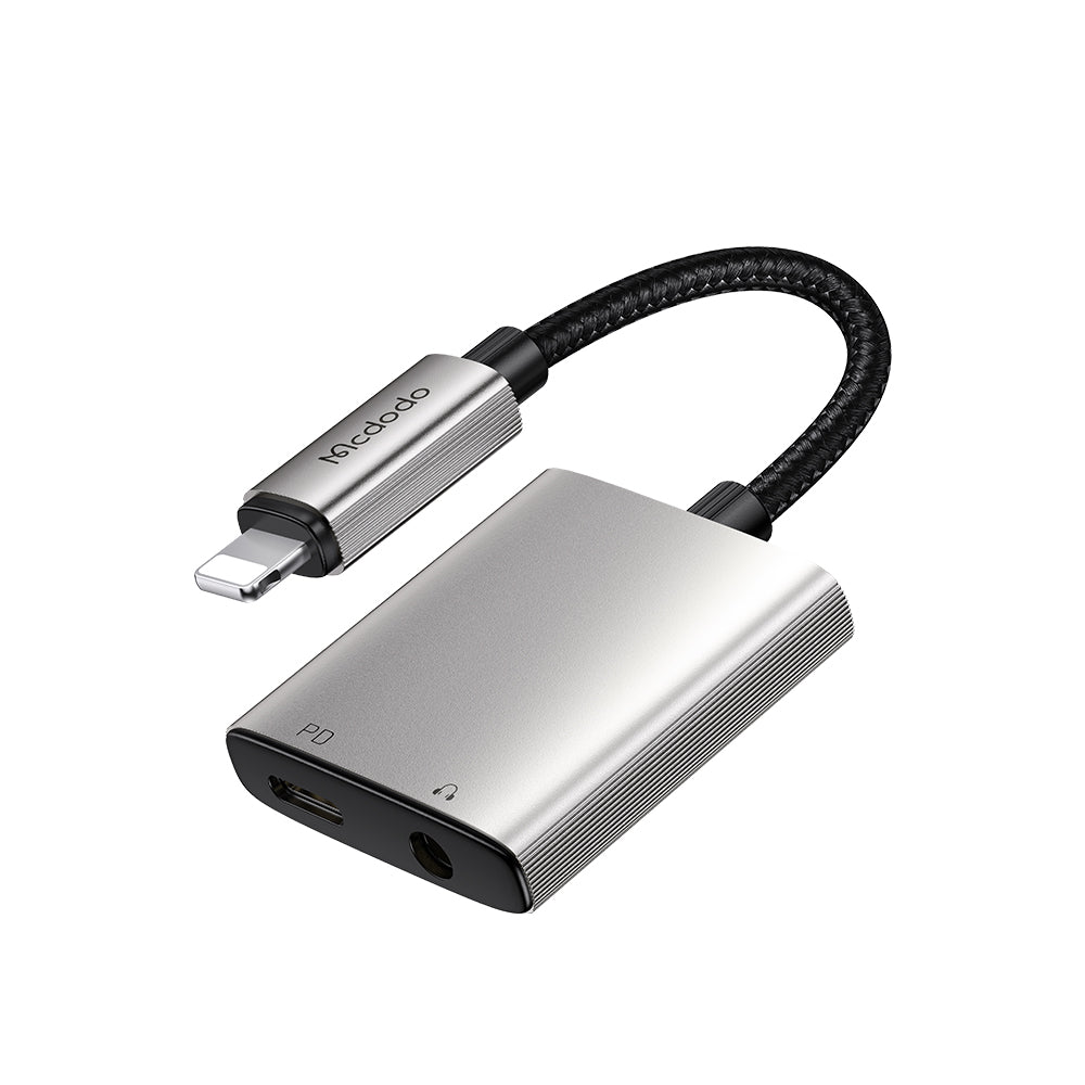 Adaptor Mcdodo Audio Adapter Wales Series (CA-5540), Lightning to Lightning, DC 3.5mm, Aluminum Alloy, Nylon, 5V/2A, 12.5cm, Gri