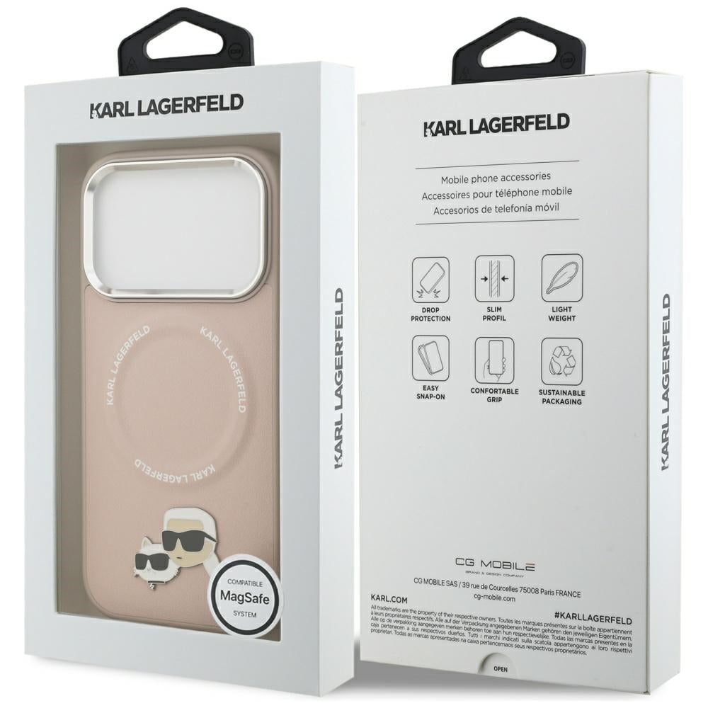 Husa de protectie Karl Lagerfeld Leather Karl & Choupette Pins MagSafe (KLHMP17XPSMLRKCP) compatibil cu iPhone 17 Pro Max, Roz