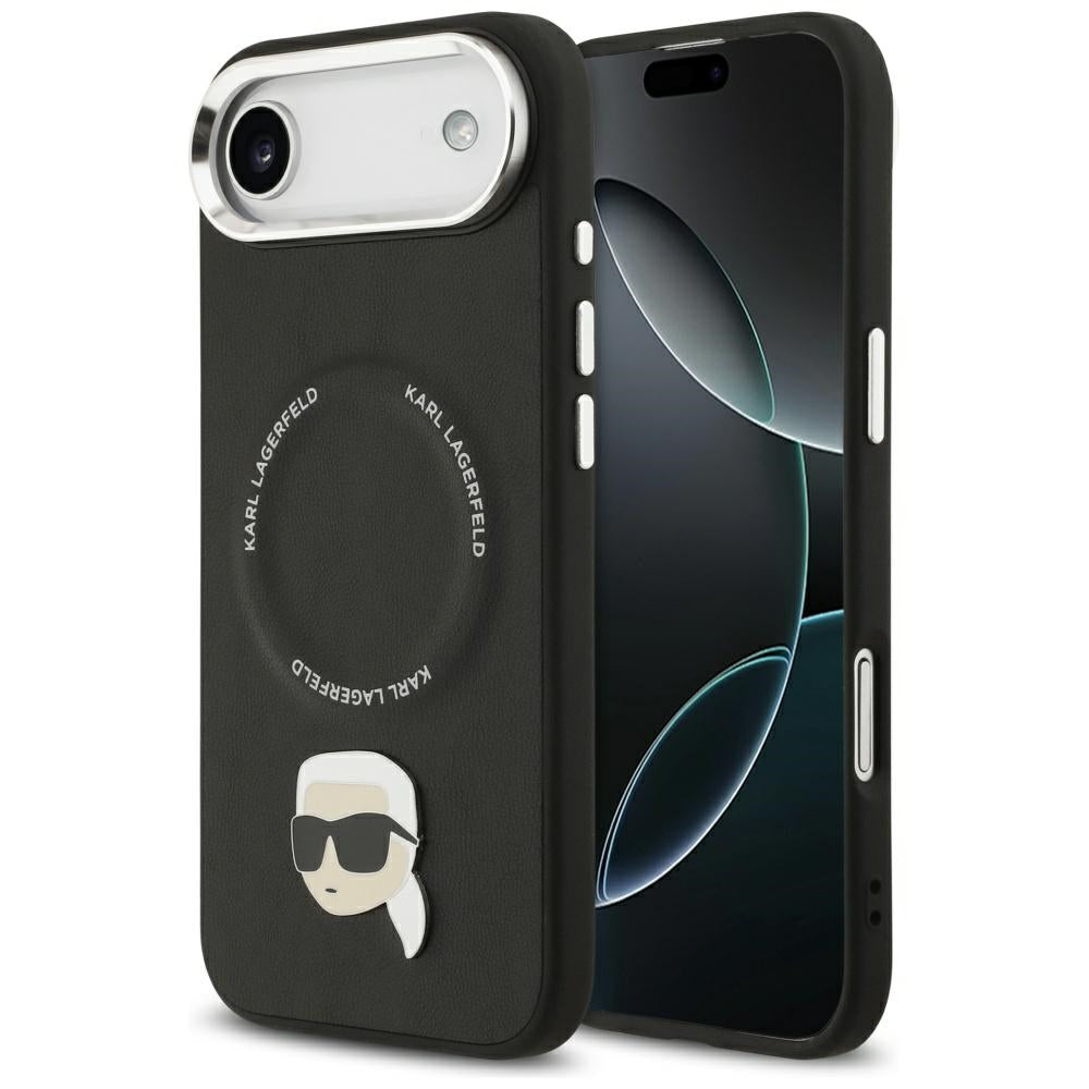 Husa de protectie Karl Lagerfeld Leather Karl Pin MagSafe (KLHMP17MPSMLRKLK) compatibil cu iPhone 17 Air, Negru