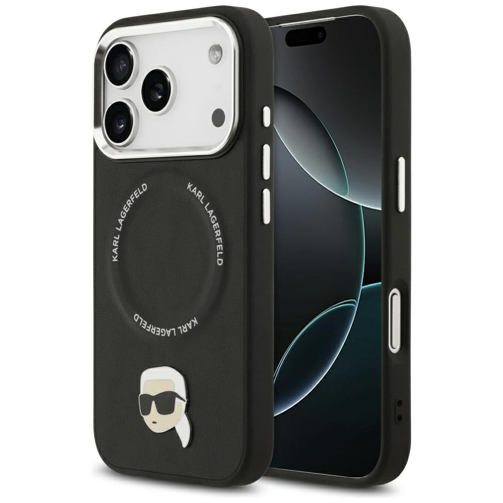 Husa de protectie Karl Lagerfeld Leather Karl Pin MagSafe (KLHMP17XPSMLRKLK) compatibil cu iPhone 17 Pro Max, Negru