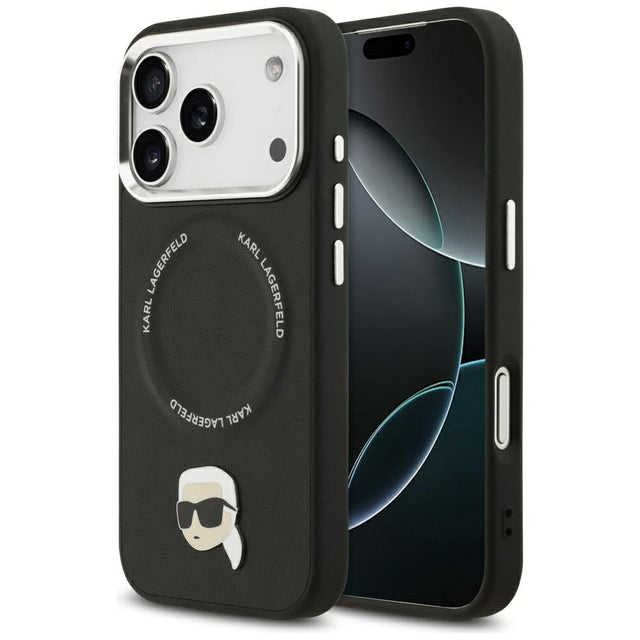 Husa de protectie Karl Lagerfeld Leather Karl Pin MagSafe (KLHMP17XPSMLRKLK) compatibil cu iPhone 17 Pro Max, Negru