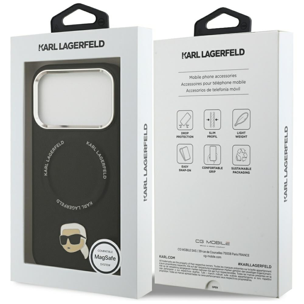 Husa de protectie Karl Lagerfeld Leather Karl Pin MagSafe (KLHMP17XPSMLRKLK) compatibil cu iPhone 17 Pro Max, Negru