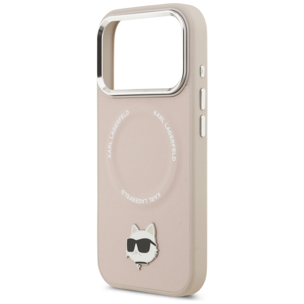 Husa de protectie Karl Lagerfeld Leather Choupette Pin MagSafe (KLHMP17XPSMLRCHP) compatibil cu iPhone 17 Pro Max, Roz