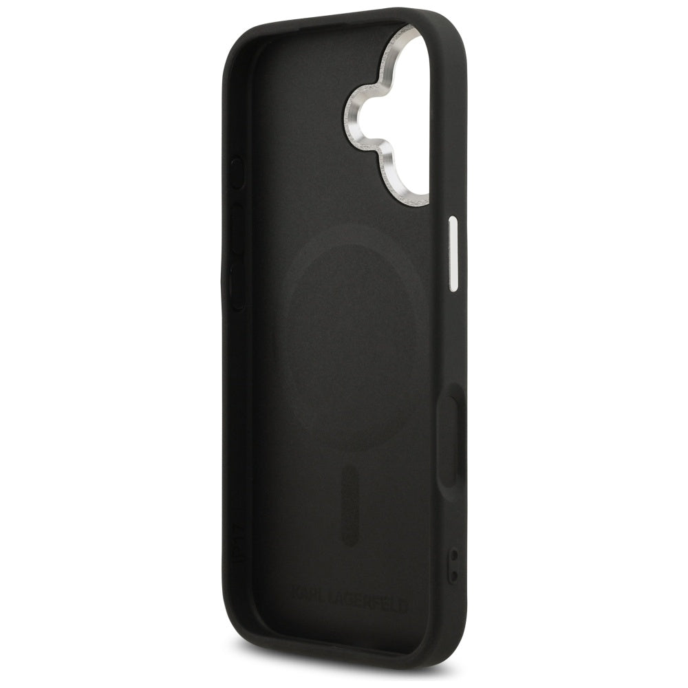 Husa de protectie Karl Lagerfeld Leather Choupette Pin MagSafe (KLHMP17SPSMLRCHK) compatibil cu iPhone 17, Negru