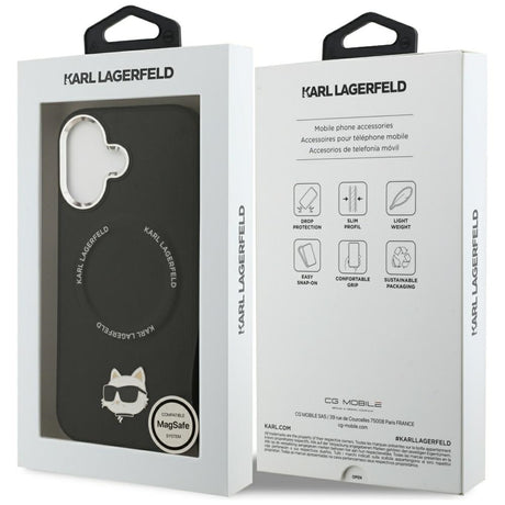 Husa de protectie Karl Lagerfeld Leather Choupette Pin MagSafe (KLHMP17SPSMLRCHK) compatibil cu iPhone 17, Negru