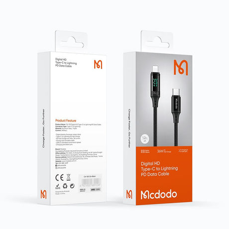 Cablu Mcdodo (CA-1030), Type-C to Lightning, with Digital Display, Nylon Braided, Aluminum Alloy, 36W, 1.2m, Negru