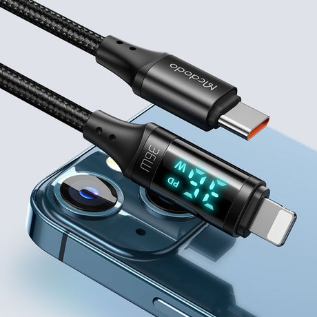 Cablu Mcdodo (CA-1030), Type-C to Lightning, with Digital Display, Nylon Braided, Aluminum Alloy, 36W, 1.2m, Negru