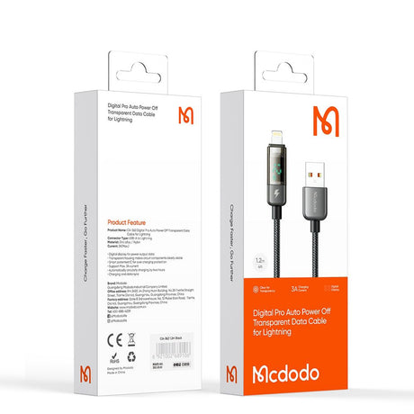 Cablu Mcdodo (CA-3620), USB-A to Lightning, 3A, Digital Display, Auto Power Off, Transparent Design, 1.2m, Negru