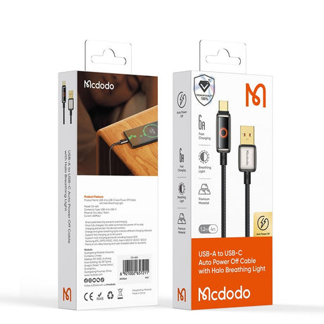Cablu Mcdodo (CA-6650), with Breathing Light LED Display, USB-C to USB-A, Auto Power Off, 6A, 1.2m, Negru