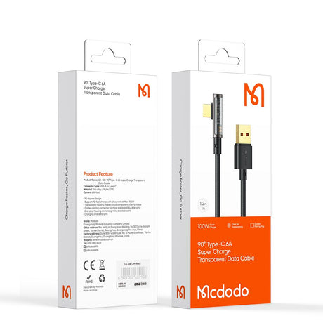 Cablu Mcdodo (CA-3380), USB-C to USB-A, 90 Degree Design, 6A, Transparent Design, 1.2m, Negru