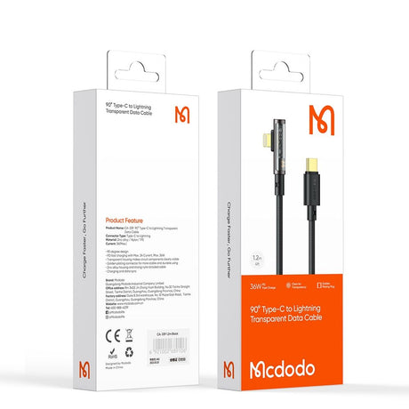 Cablu Mcdodo (CA-3390), USB-C to Lightning, 90 Degree Design, 36W, Transparent Design, 1.2m, Negru