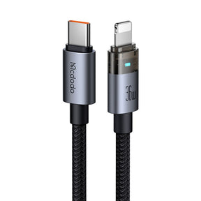 Cablu Mcdodo (CA-6940), with Charging Light, USB-C to Lightning, Transparent Cable, 36W, 1.2m, Negru